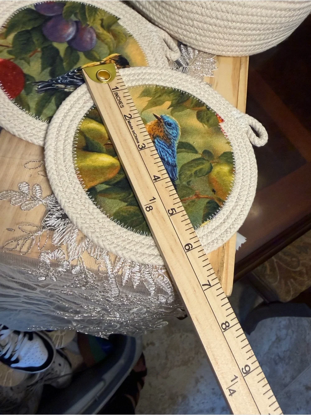 Cream Rope Basket and Bird & Fruit Coaster Set - Cream